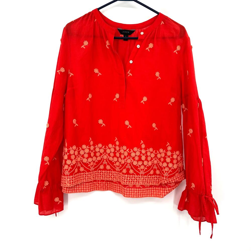 J.Crew Size Medium Long Sleeve Blouse Top Shirt Red Orange Embroidered Cotton